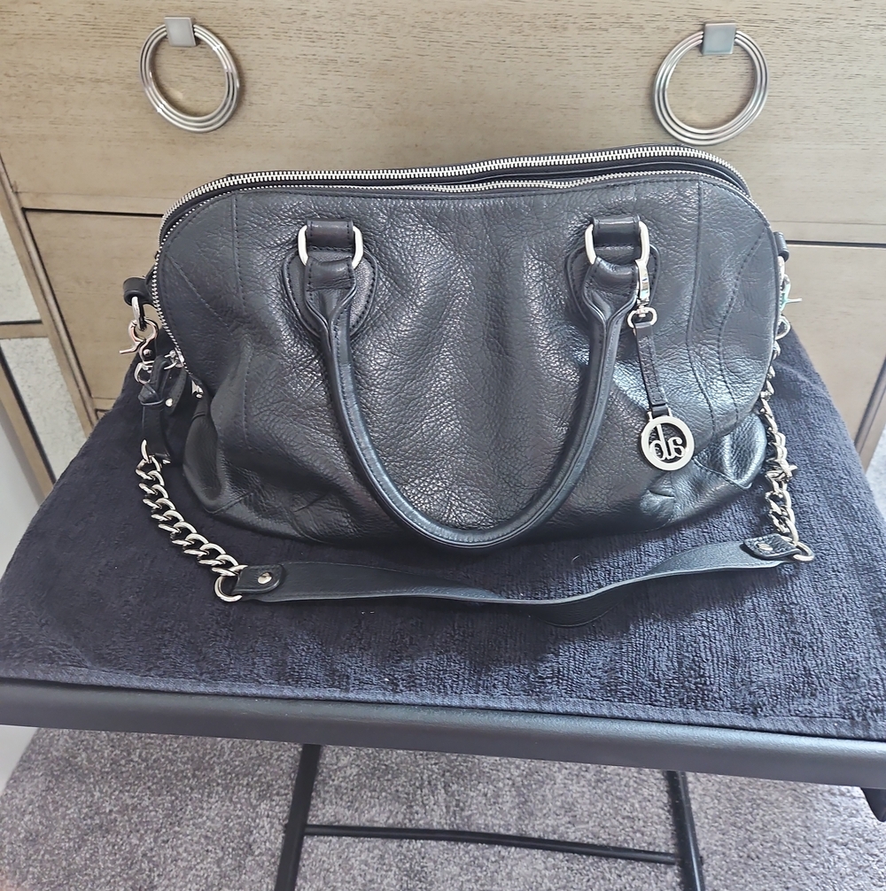 Audrey Brooke Black Pebble Leather Satchel with Chain Strap